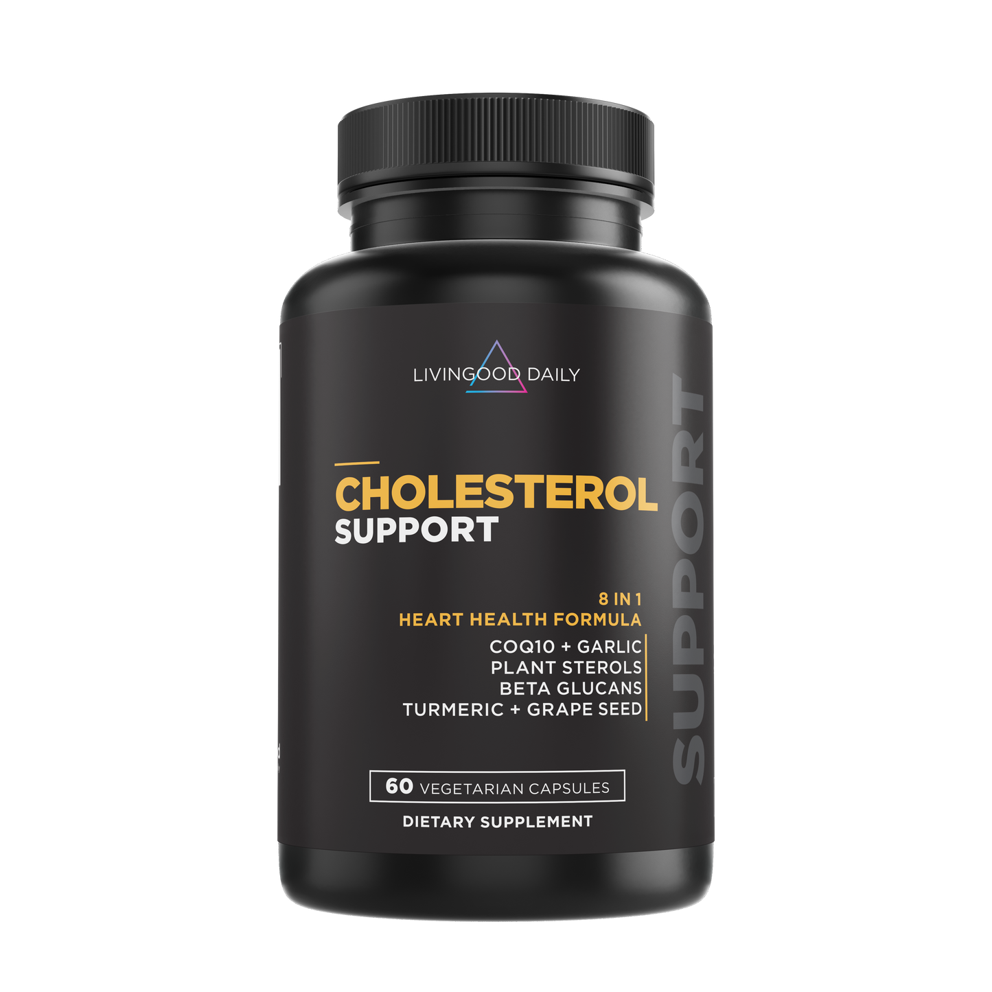 Living Good Daily Cholesterol Support dietary supplement bottle with heart health formula including COQ10, garlic, plant sterols, beta glucans, turmeric, grape seed, 60 vegetarian capsules.