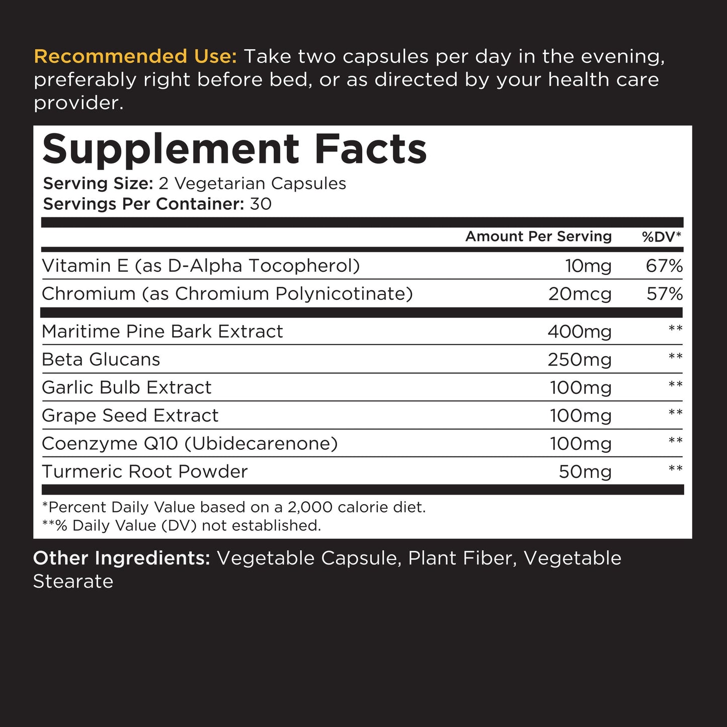 Supplement facts label showing serving size, servings per container, ingredients, and daily values.