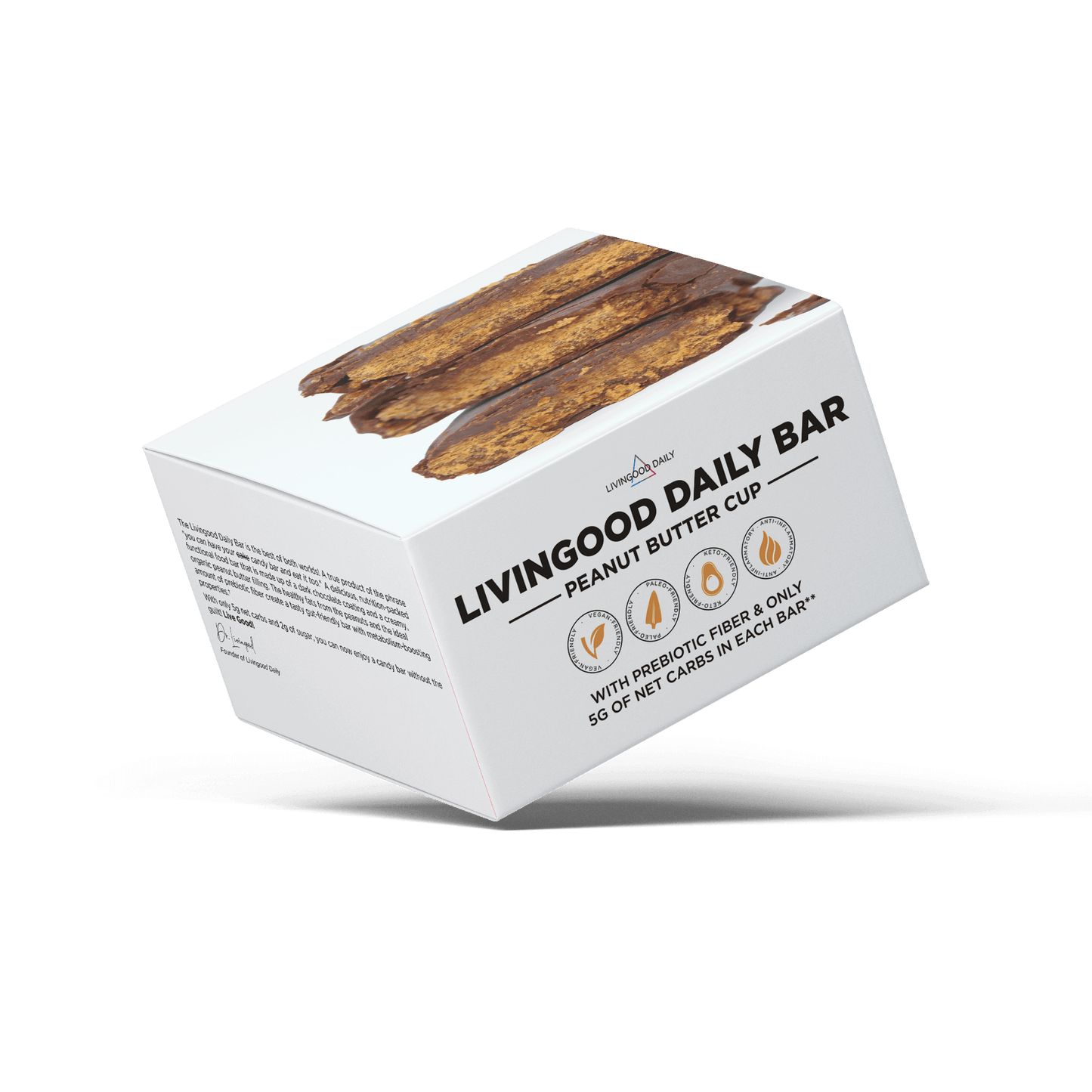 Livingood Daily Bar peanut butter cup with prebiotic fiber packaging.