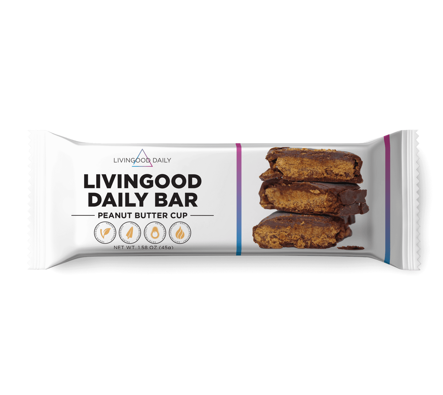 LivingGood Daily Bar peanut butter cup flavor protein bar packaging