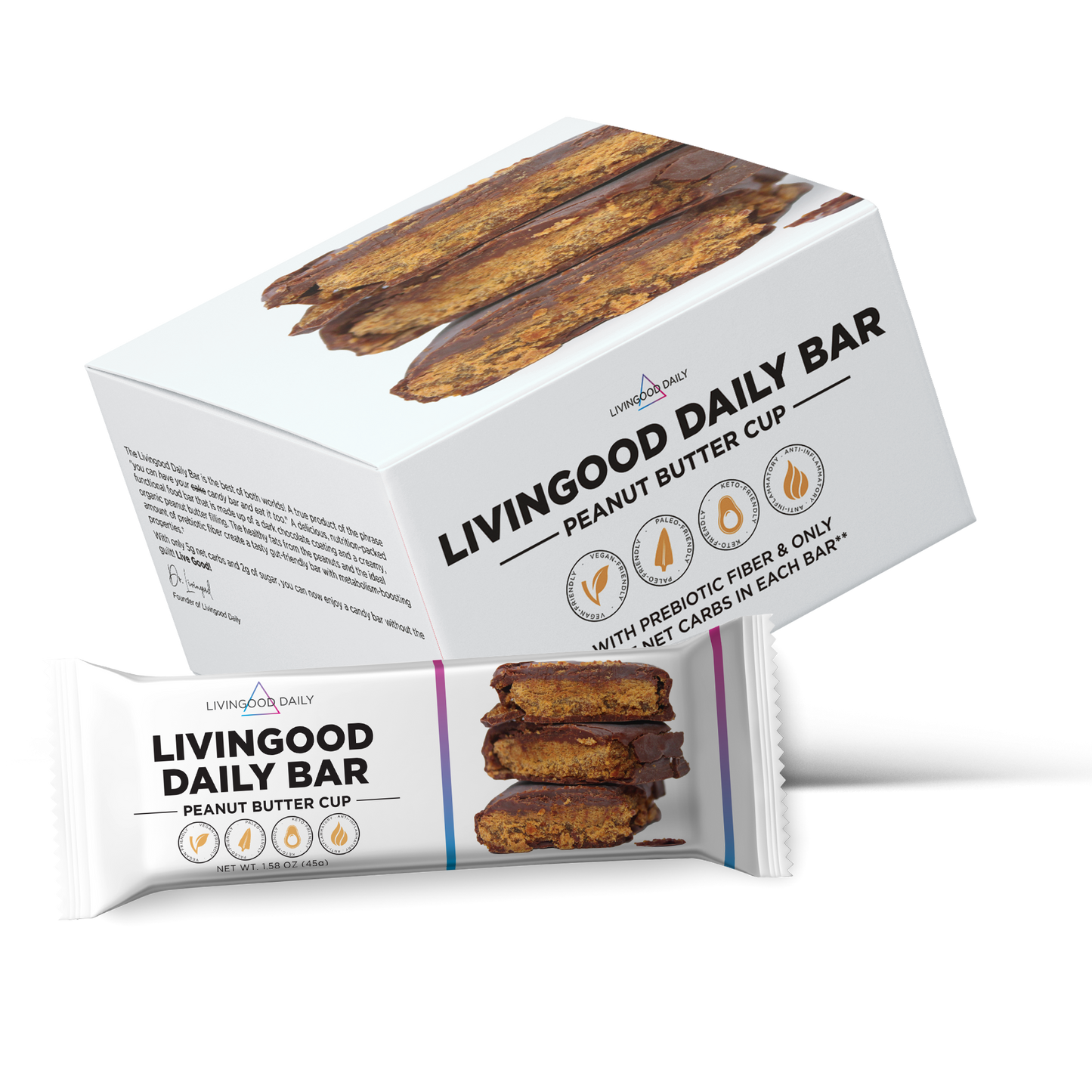 Livingood Daily Bar Peanut Butter Cup flavor with prebiotic fiber package and nutritional bars