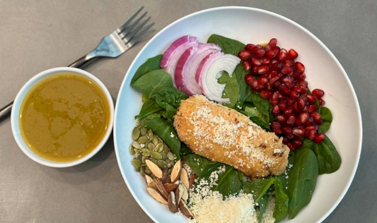 Almond Parmesan Crusted Salmon + Pomegranate Salad