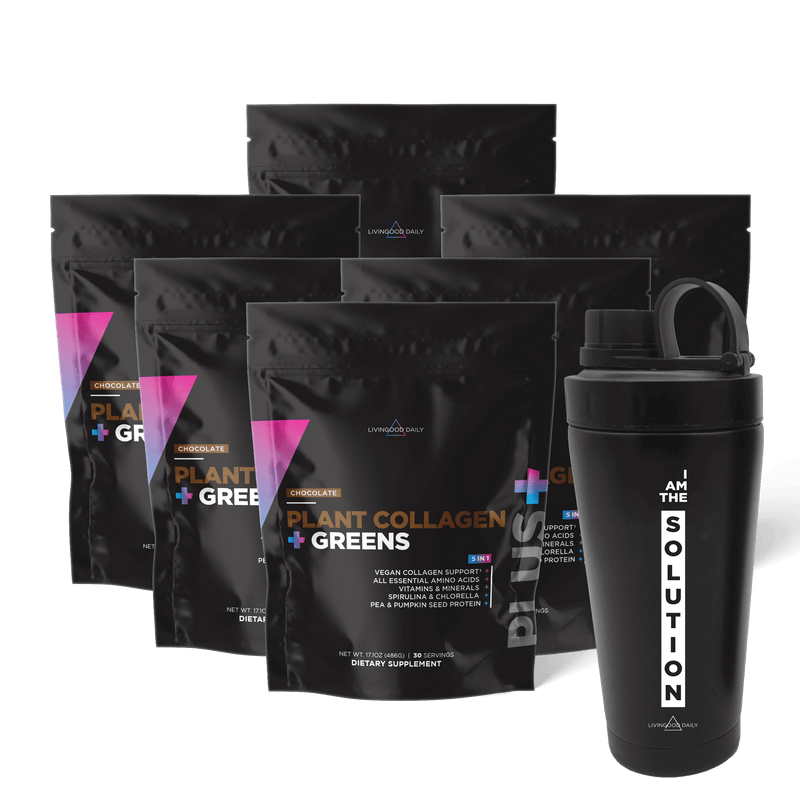 Plant collagen and greens supplement packets with shaker bottle.