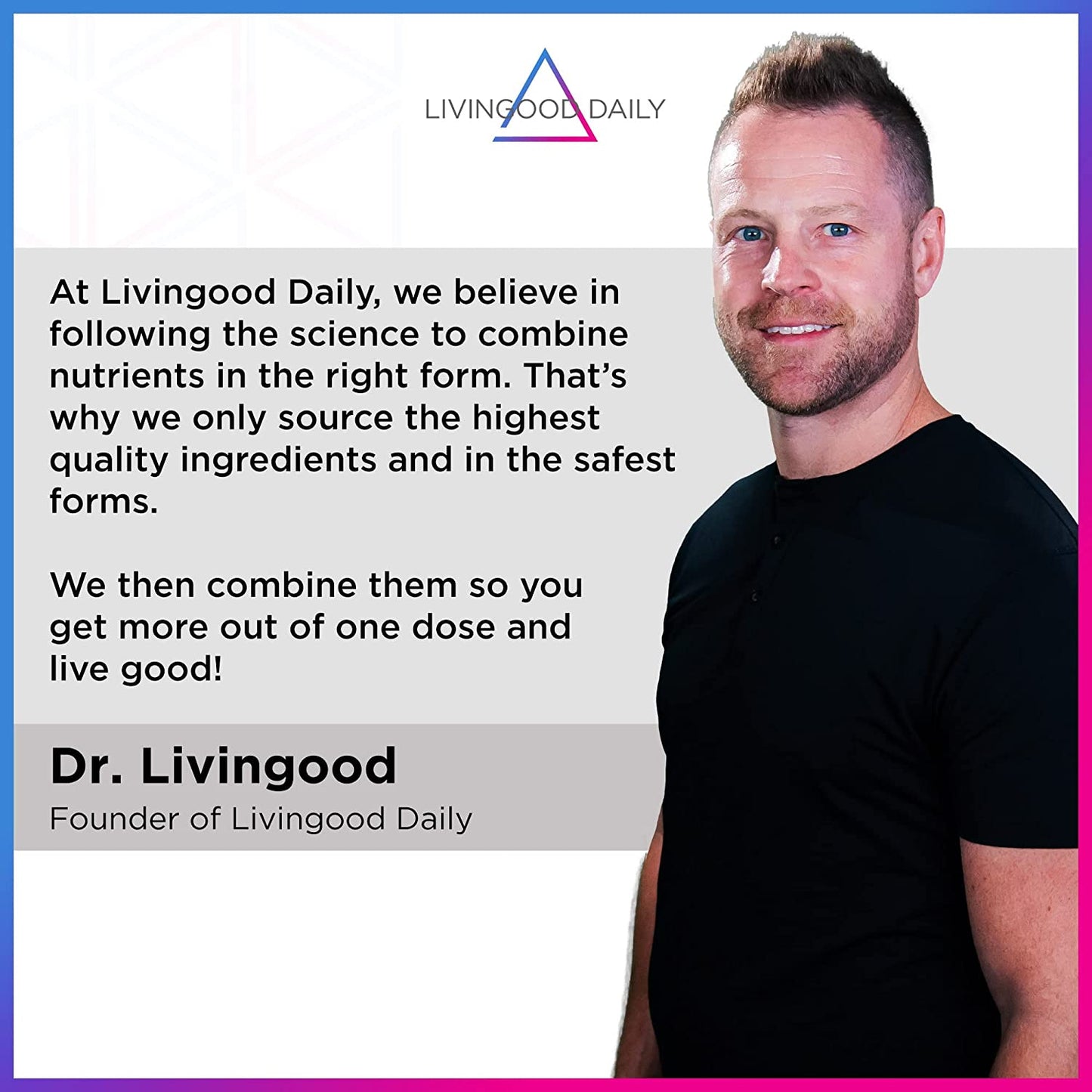 "Man in black shirt with Livingood Daily promotional message and logo"