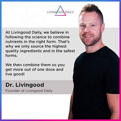 Man in black shirt with promotional text for Livingood Daily brand