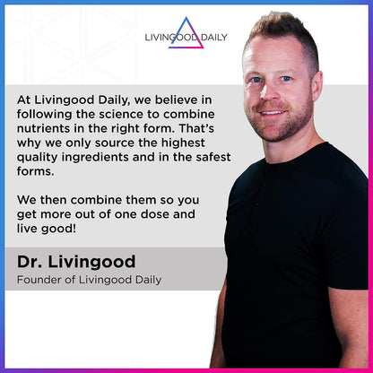 Smiling man in black shirt with Livingood Daily branding and health supplement message
