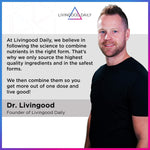 Smiling man in black shirt, Livingood Daily founder with mission statement