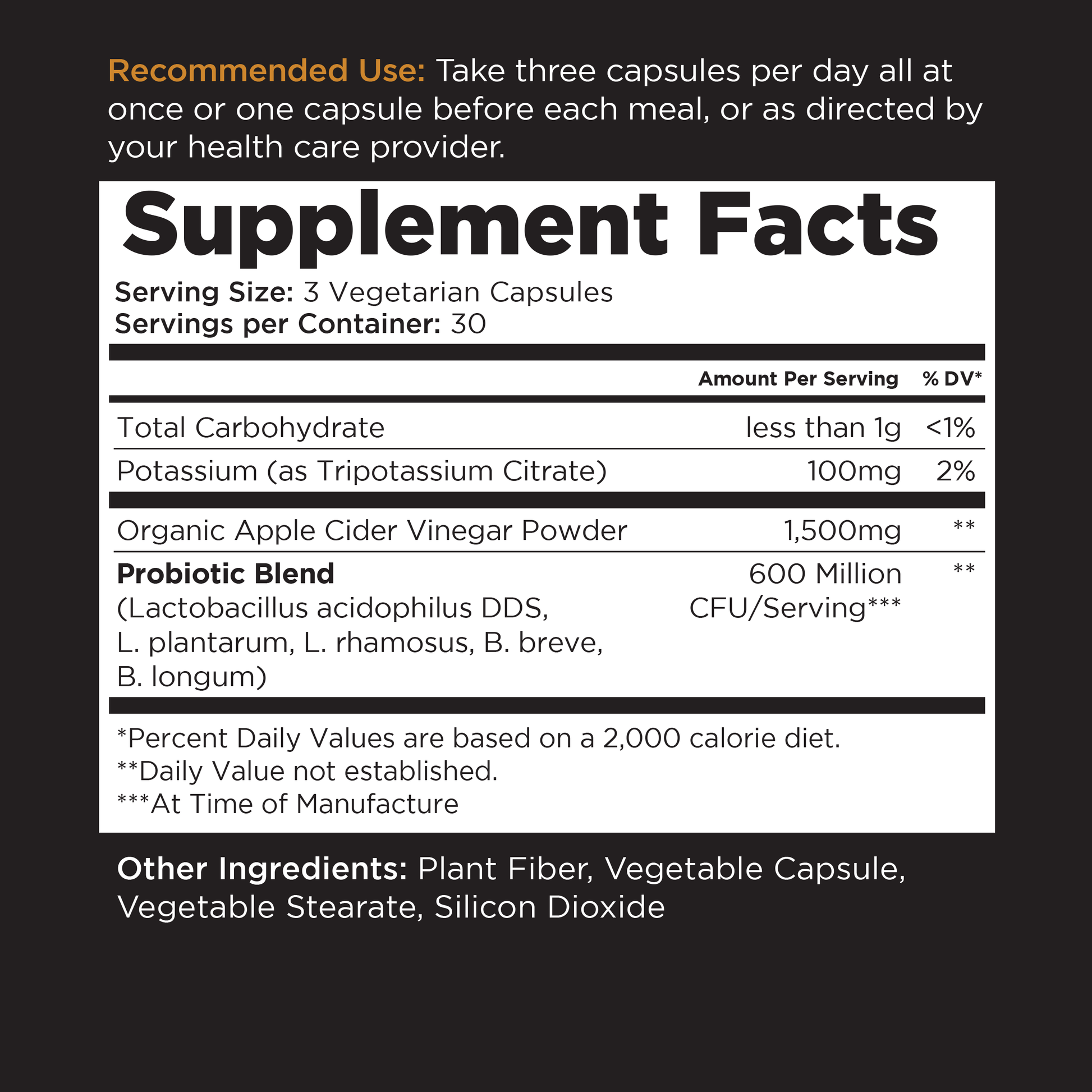 dietary supplement facts label nutrition information ingredients probiotic blend organic apple cider vinegar