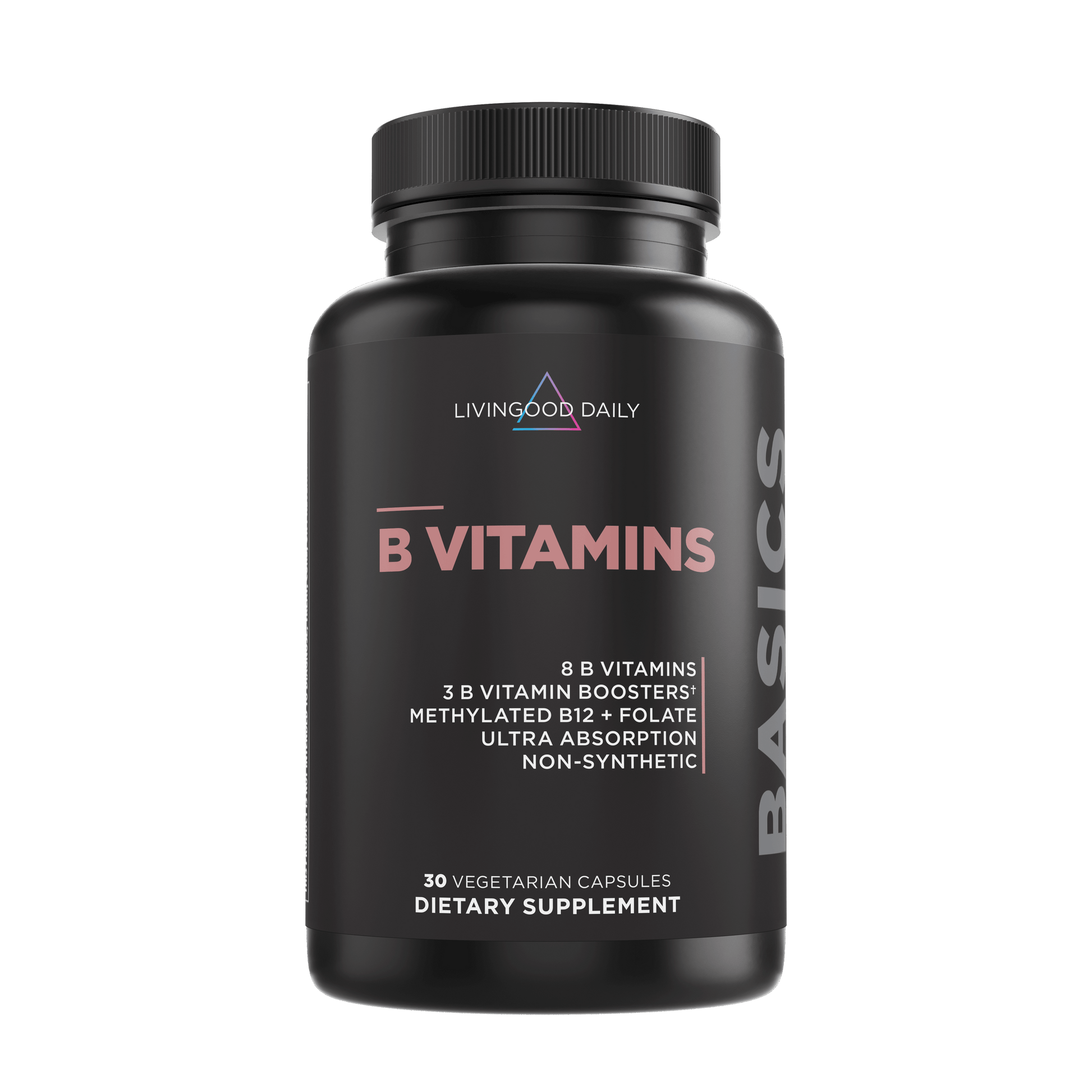 Livingood Daily B Vitamins bottle, dietary supplement, vegan capsules, non-synthetic, ultra absorption nutrients