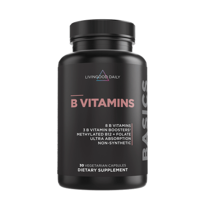 Livingood Daily B Vitamins bottle, dietary supplement, vegan capsules, non-synthetic, ultra absorption nutrients