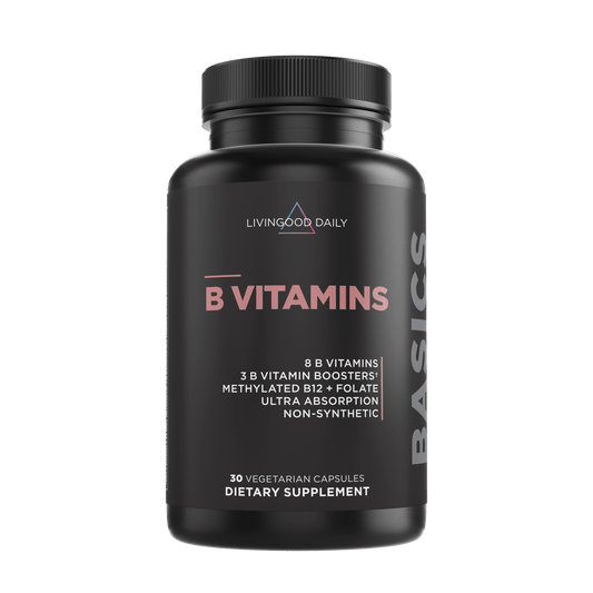 Livingood Daily B Vitamins bottle, dietary supplement, vegan capsules, non-synthetic, ultra absorption nutrients