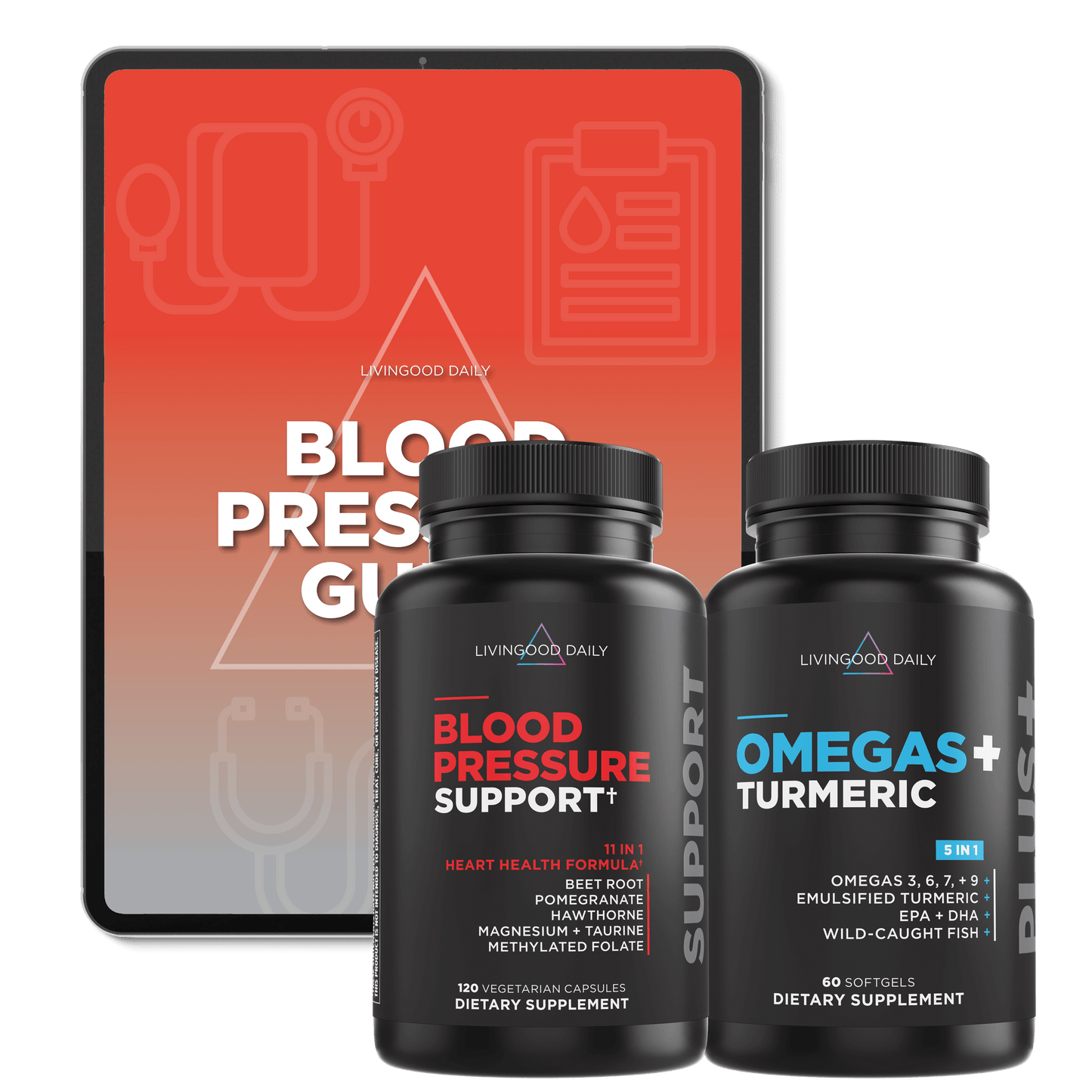 Blood Pressure Support and Omegas Plus Turmeric dietary supplements bottles by Livingood Daily with ingredients list