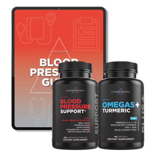 Blood Pressure Support and Omegas Plus Turmeric dietary supplements bottles by Livingood Daily with ingredients list