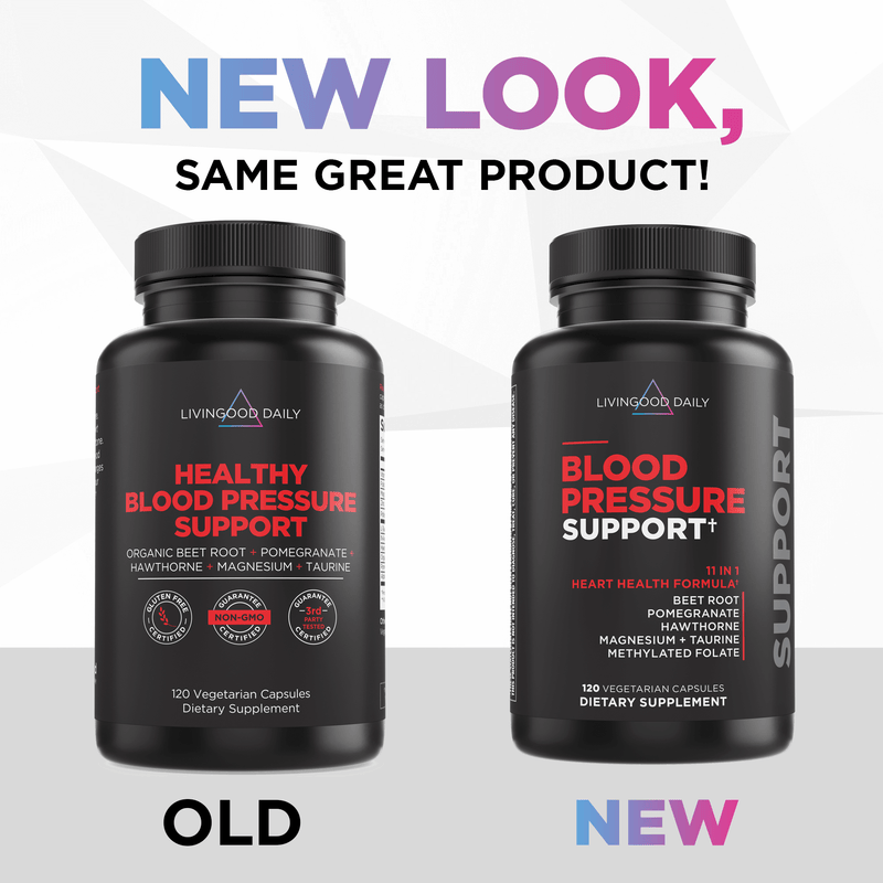 "Old and new packaging of blood pressure support supplements by Livingood Daily"