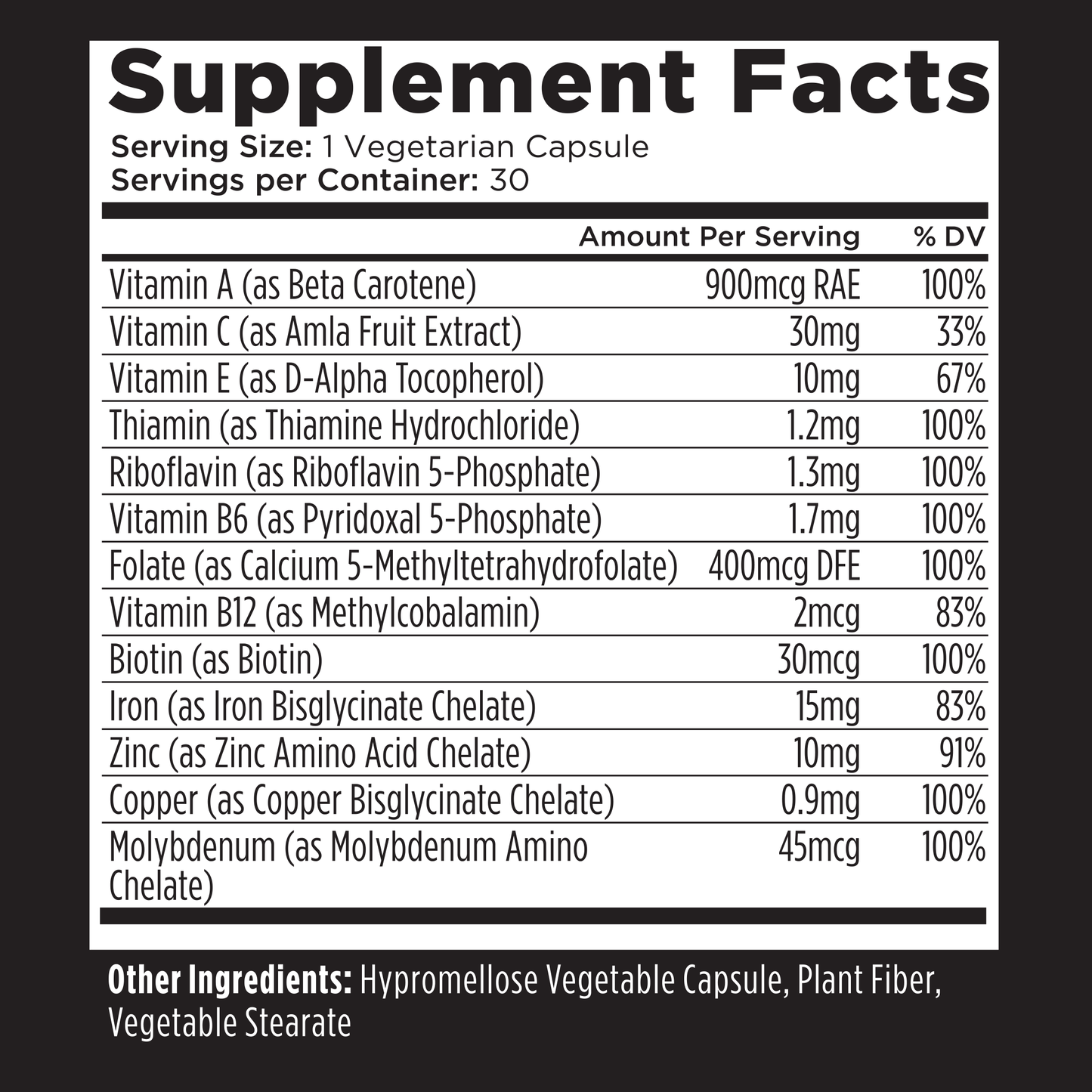 Supplement Facts label showing vitamins and minerals with daily values.