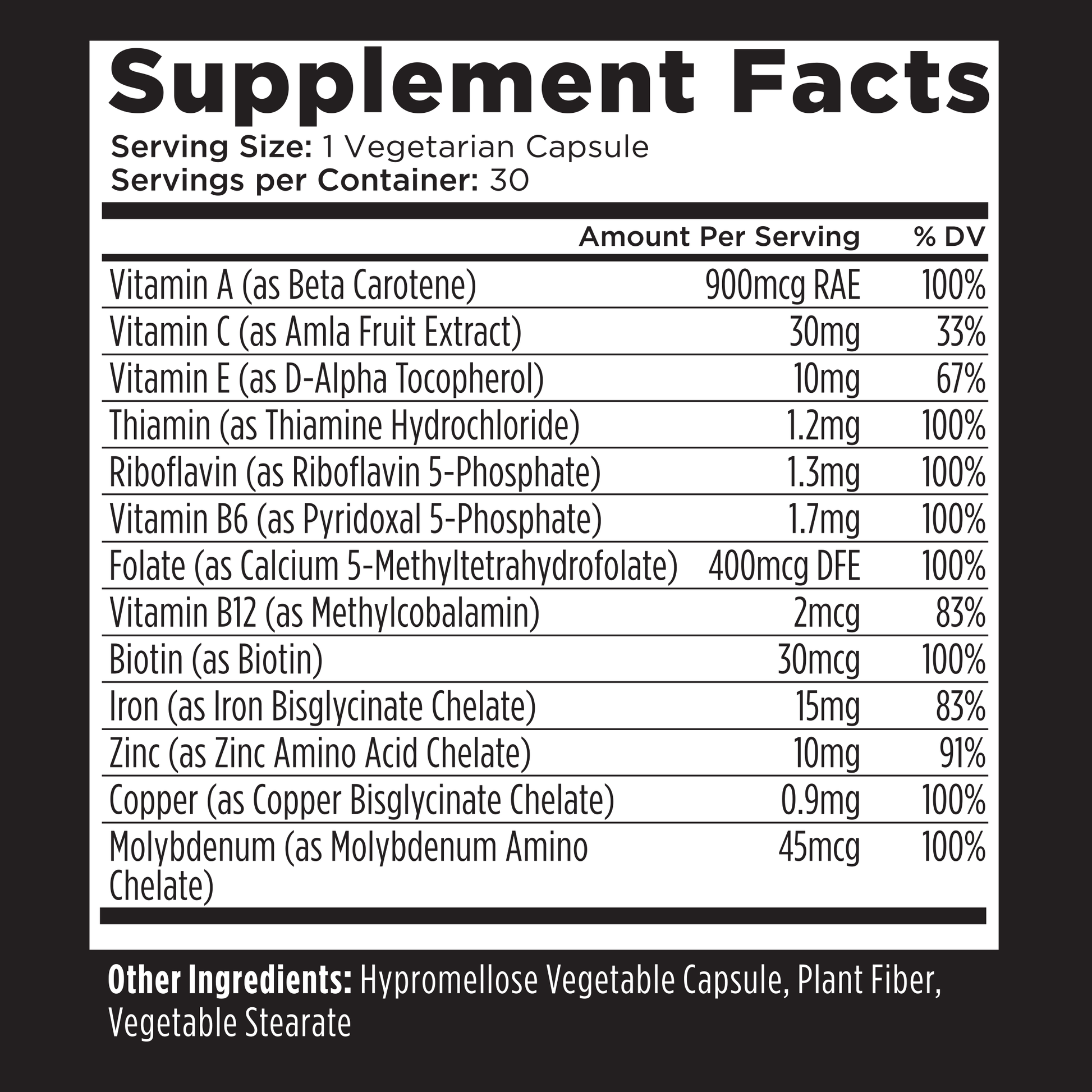 Supplement Facts label showing vitamins and minerals with daily values.