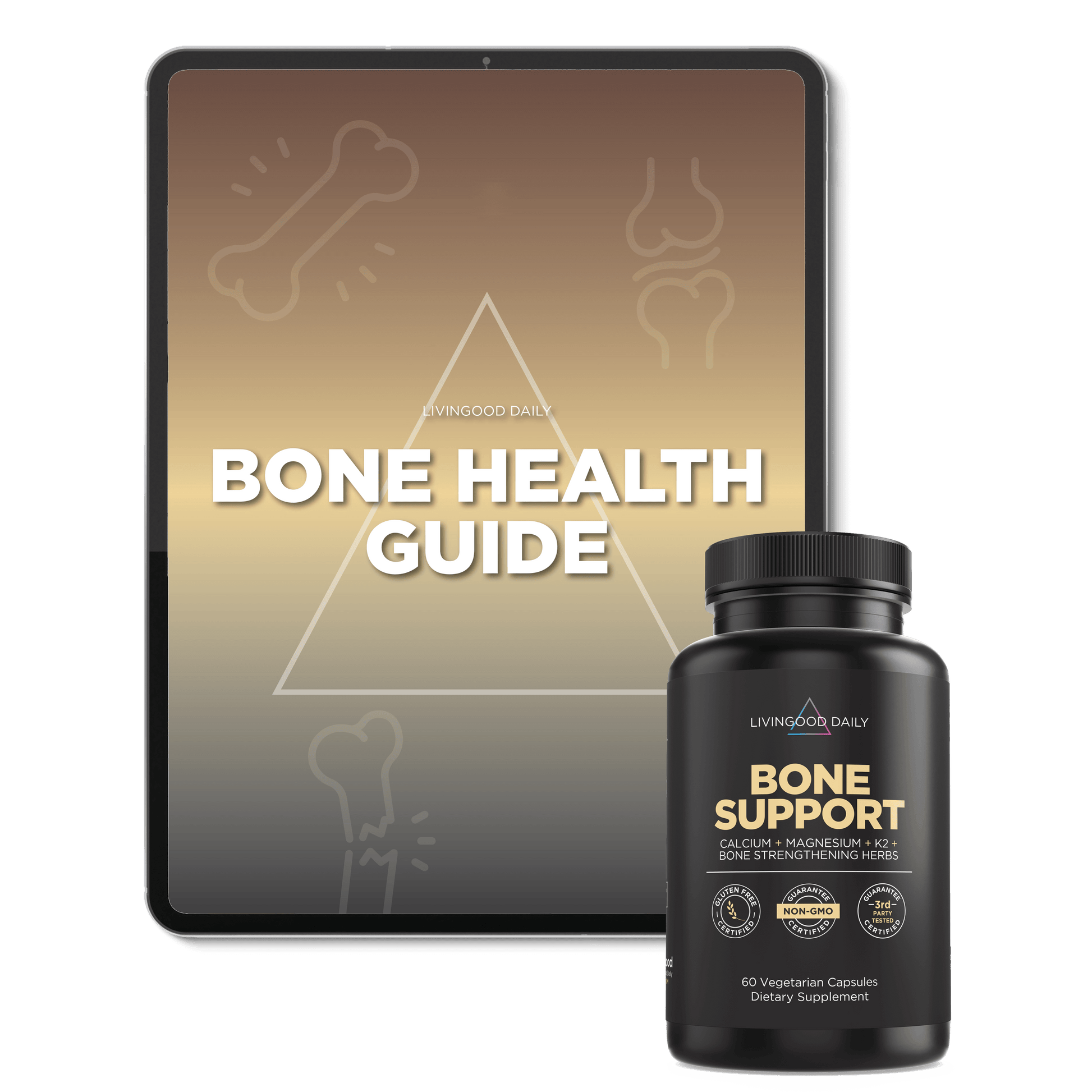 Tablet displaying Bone Health Guide with dietary supplement bottle for bone support containing calcium, magnesium, K2, and herbs.