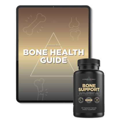 Tablet displaying Bone Health Guide with dietary supplement bottle for bone support containing calcium, magnesium, K2, and herbs.
