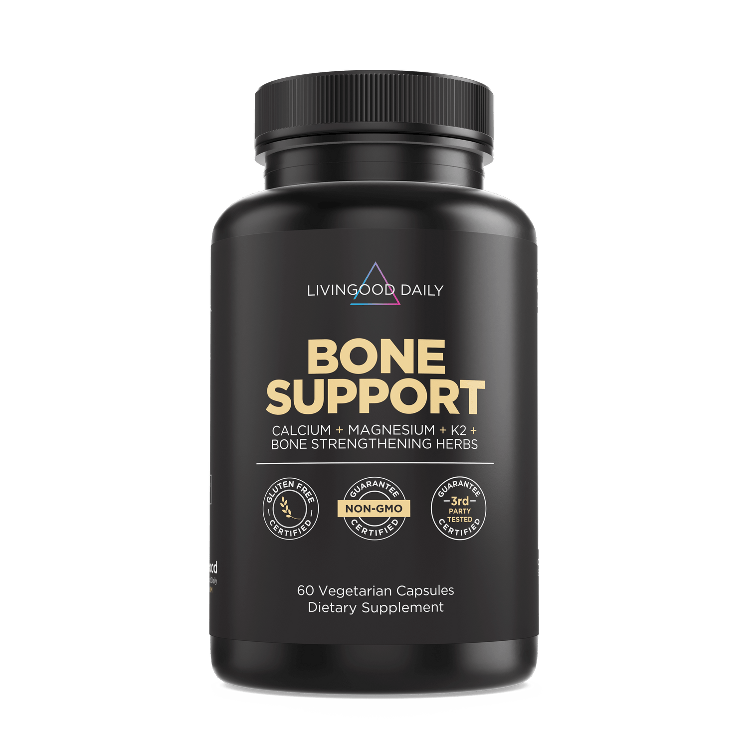 LivingGood Daily Bone Support supplement bottle with calcium, magnesium, vitamin K2, and bone strengthening herbs, 60 vegetarian capsules.