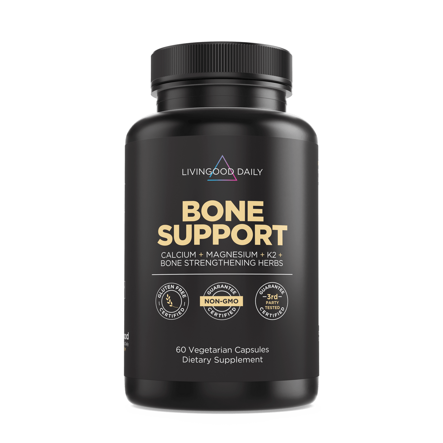 LivingGood Daily Bone Support supplement bottle with calcium, magnesium, vitamin K2, and bone strengthening herbs, 60 vegetarian capsules.