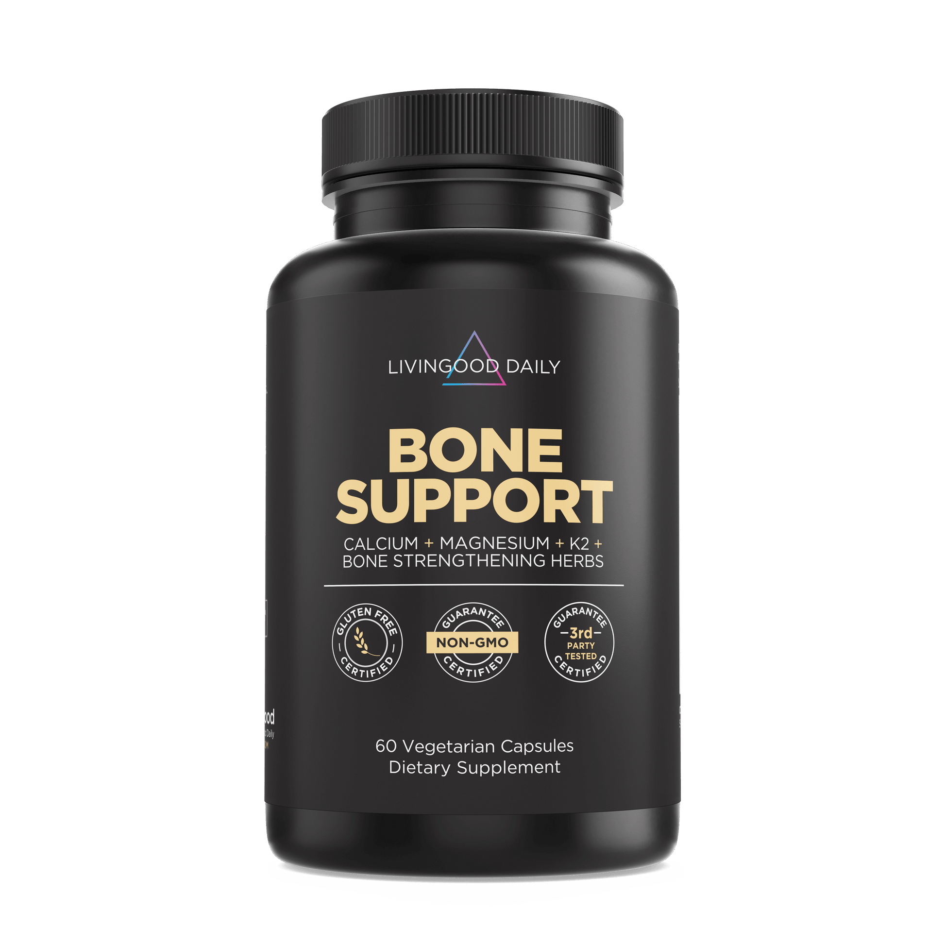 LivingGood Daily Bone Support supplement bottle with calcium, magnesium, vitamin K2, and bone strengthening herbs, 60 vegetarian capsules.