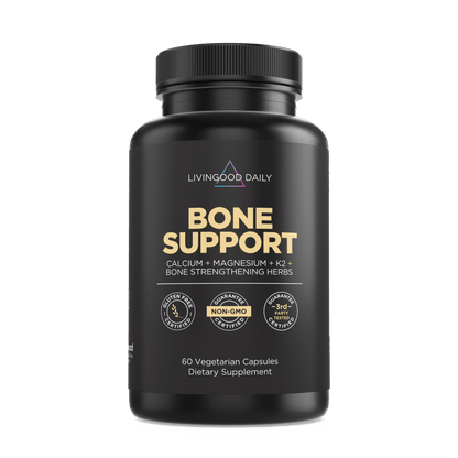 LivingGood Daily Bone Support supplement bottle with calcium, magnesium, vitamin K2, and bone strengthening herbs, 60 vegetarian capsules.