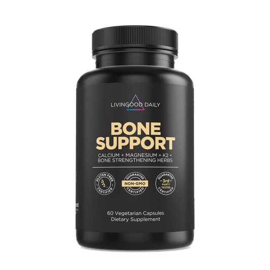 LivingGood Daily Bone Support supplement bottle with calcium, magnesium, vitamin K2, and bone strengthening herbs, 60 vegetarian capsules.
