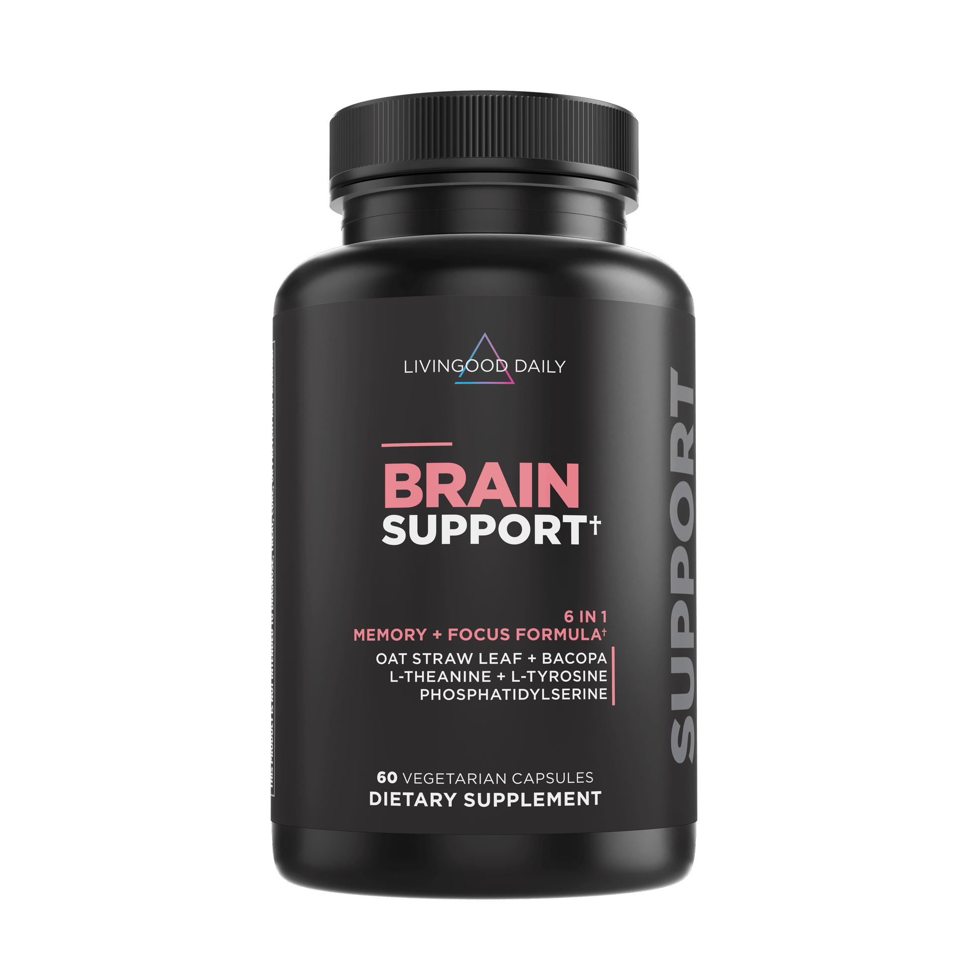 Livingood Daily Brain Support supplement bottle with memory and focus formula