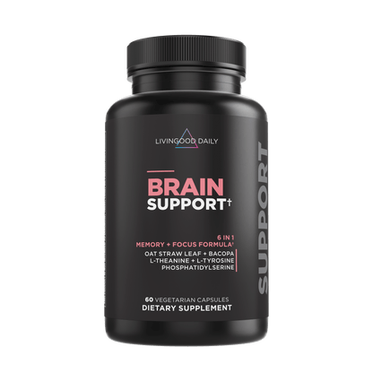 Livingood Daily Brain Support supplement bottle with memory and focus formula