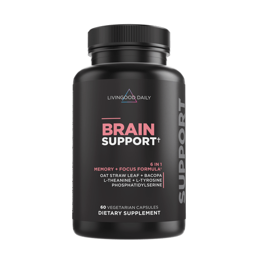 Livingood Daily Brain Support supplement bottle with memory and focus formula