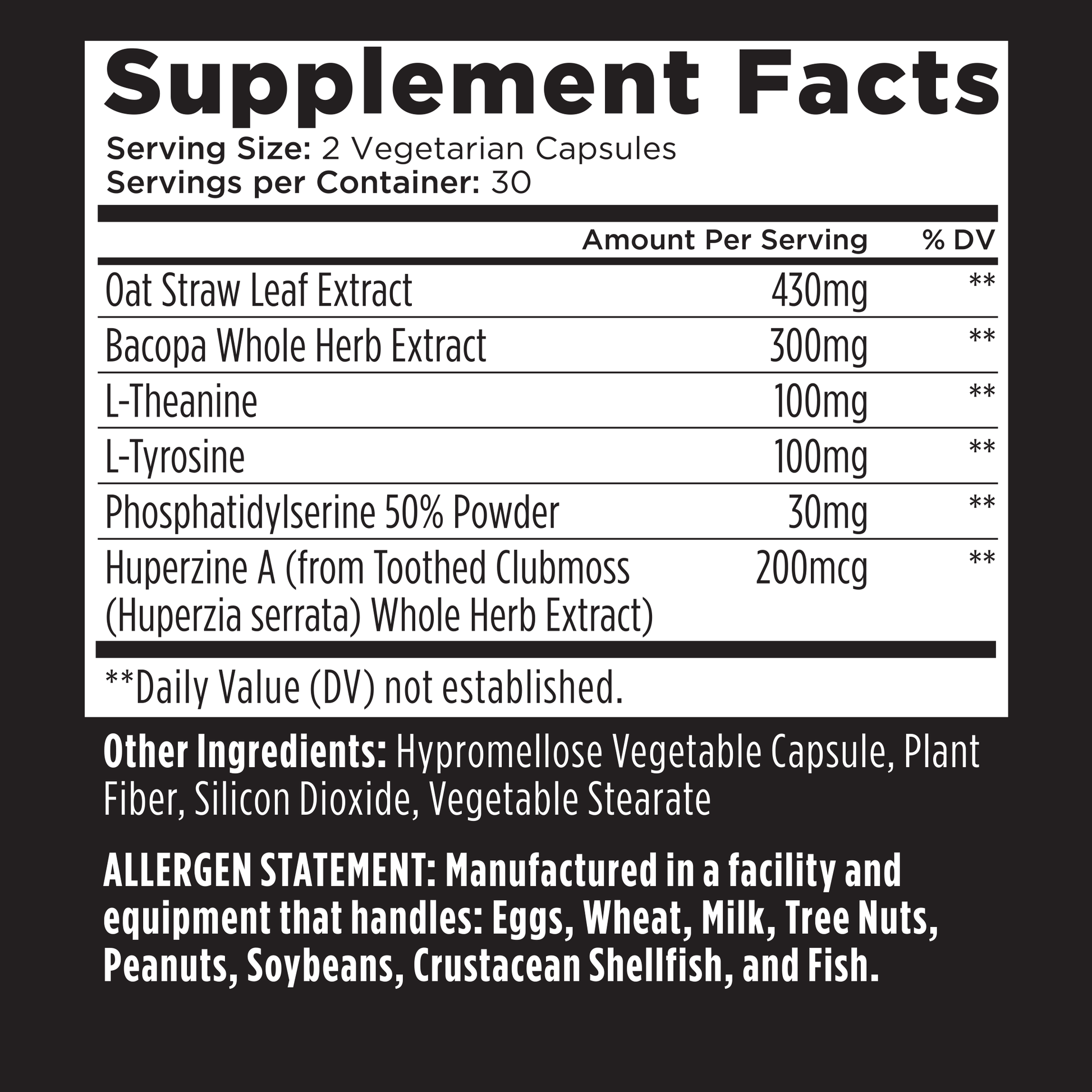 Supplement facts label showing ingredients and allergen statement of vegetarian capsules