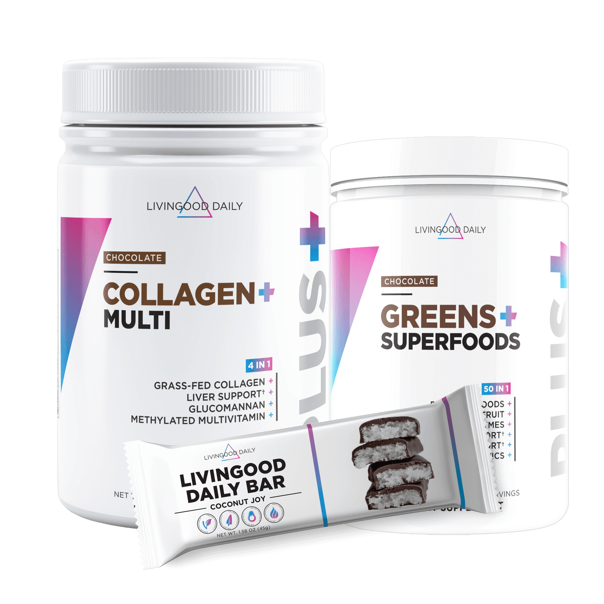 LivingGood Daily nutritional supplements collagen multi, greens superfoods, coconut joy bar