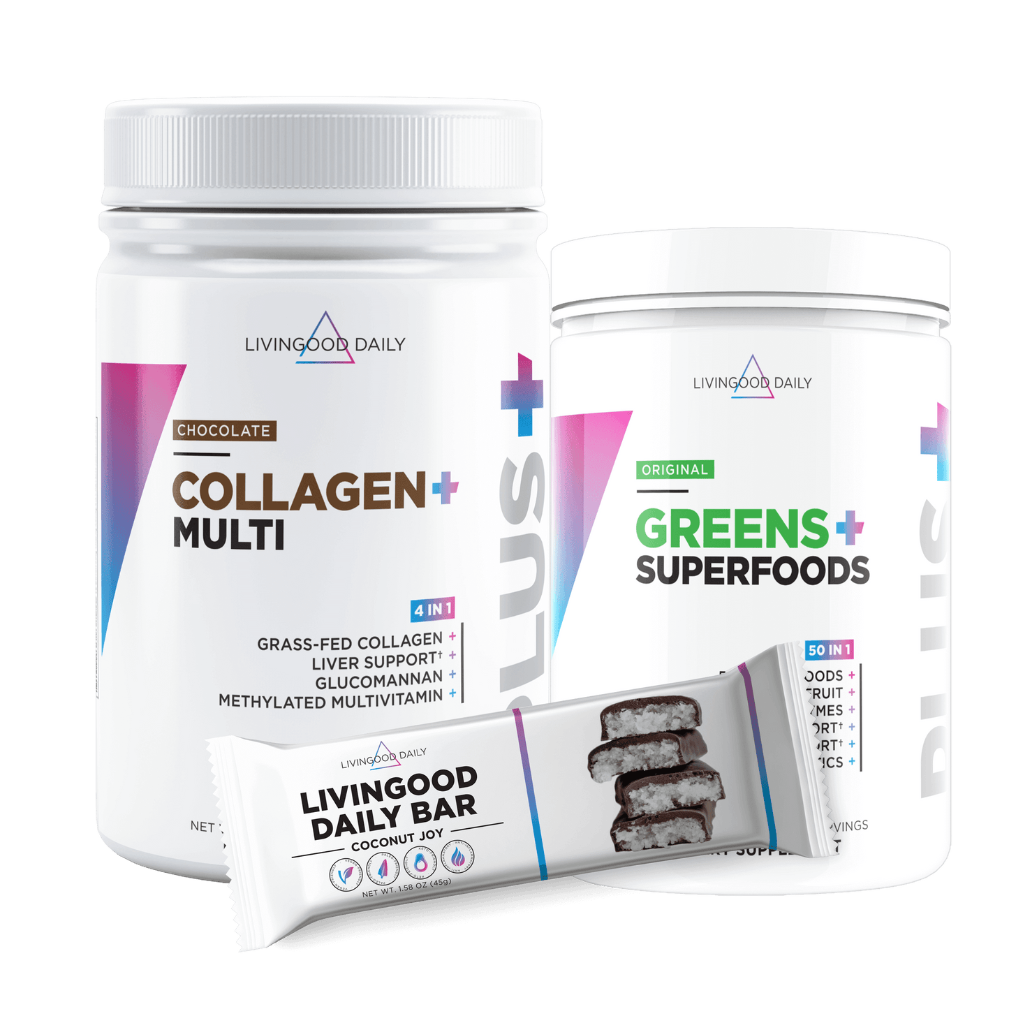 LivingGood Daily supplements, Collagen+ Multi, Greens+ Superfoods, and Daily Bar Coconut Joy