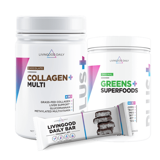 LivingGood Daily supplements, Collagen+ Multi, Greens+ Superfoods, and Daily Bar Coconut Joy