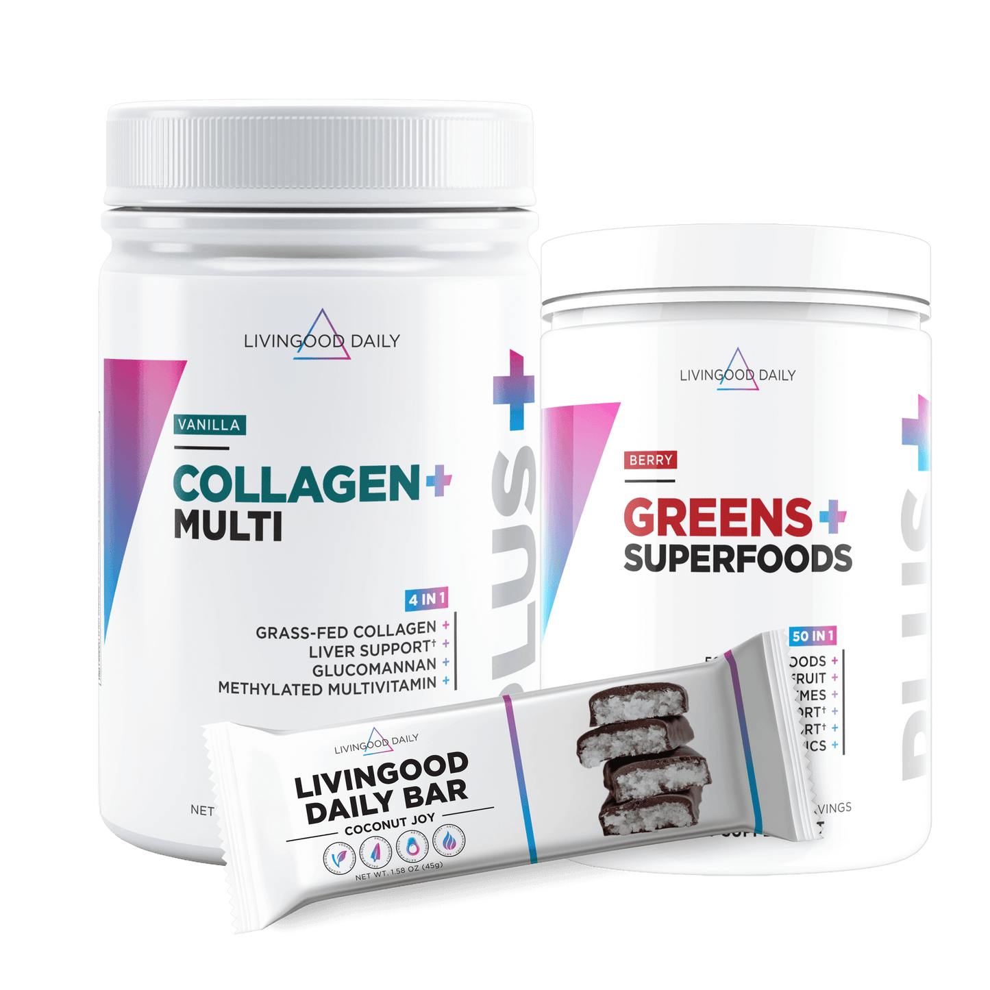 LivingGood Daily Collagen Multi Vanilla, Greens Superfoods Berry, Daily Bar Coconut Joy packages