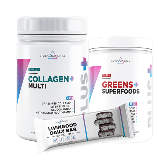 LivingGood Daily Collagen Multi Vanilla, Greens Superfoods Berry, Daily Bar Coconut Joy packages