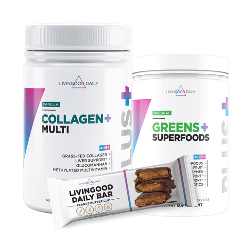LivingGood Daily supplements, Collagen Multi Vanilla, Greens Superfoods, Daily Bar Peanut Butter Cup