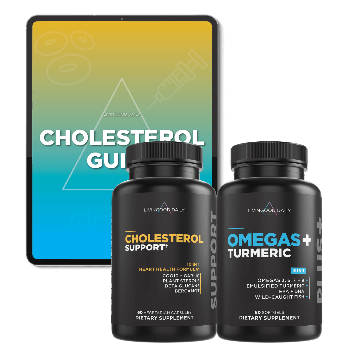 Cholesterol support supplements and Omega Turmeric capsules with e-book guide on tablet display.