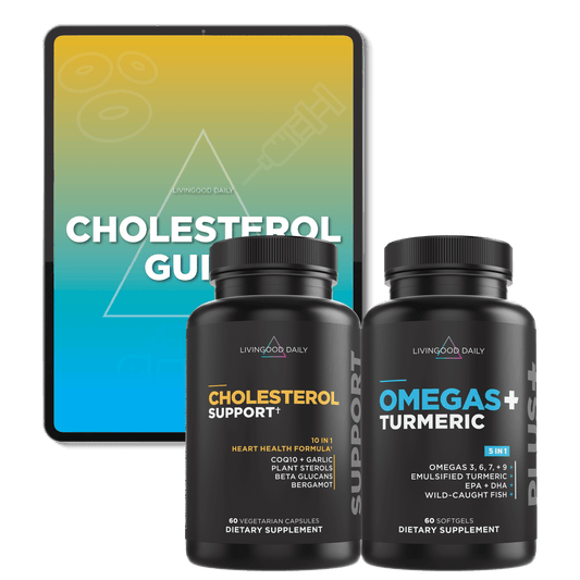 Cholesterol support supplements and Omega Turmeric capsules with e-book guide on tablet display.