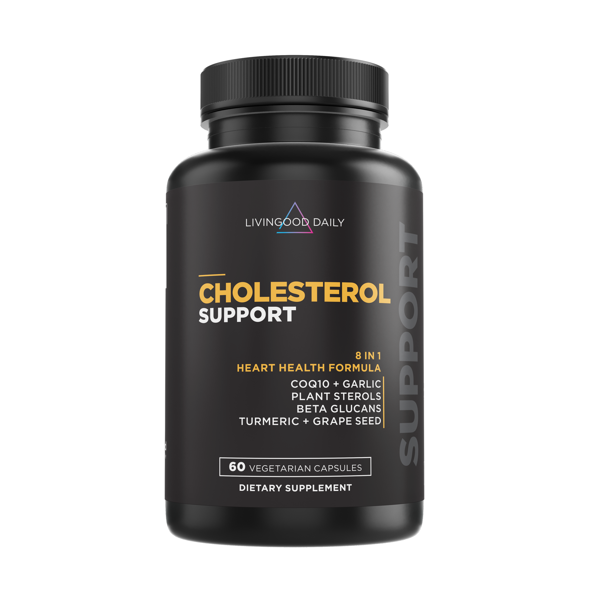 Living Good Daily Cholesterol Support dietary supplement bottle with heart health formula including COQ10, garlic, plant sterols, beta glucans, turmeric, grape seed, 60 vegetarian capsules.