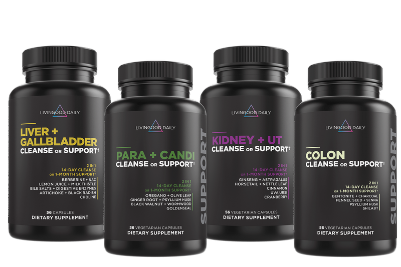 Front of four dietary support supplements: Liver and Gallbladder Cleanse, Para and Candi Cleanse, and Kidney and UT Cleanse, and Colon Cleanse