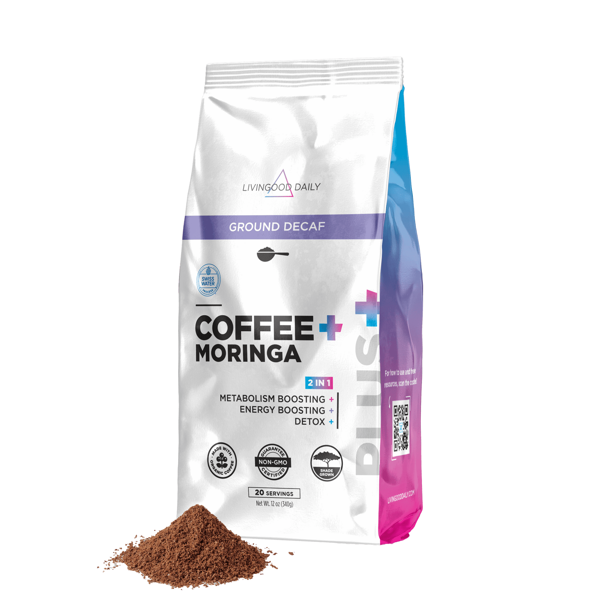 Livingood Daily Ground Decaf Coffee Moringa Bag Metabolism Energy Boosting Detox Non-GMO 20 Servings