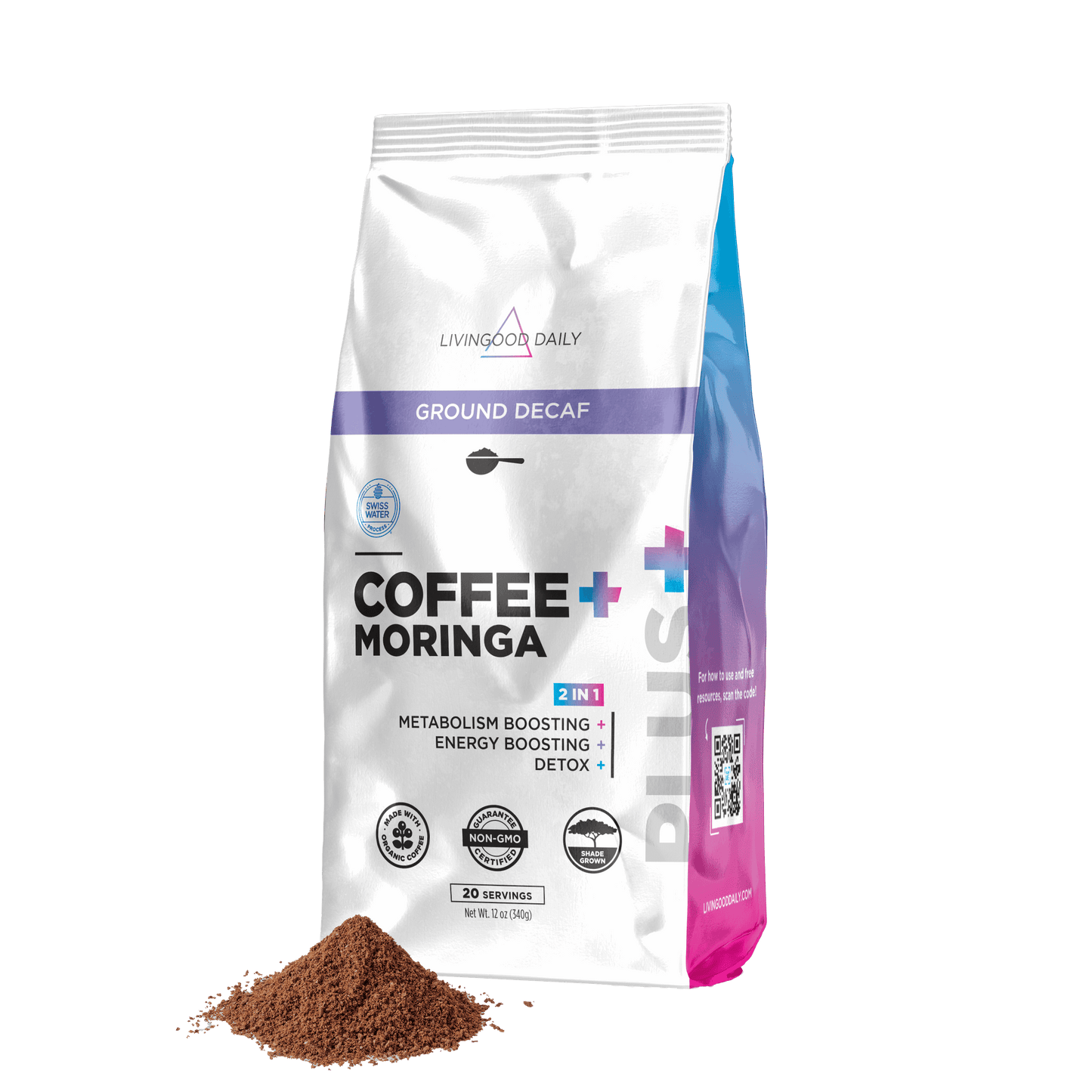 Livingood Daily Ground Decaf Coffee Moringa Packaging with Health Benefits Icons and QR Code