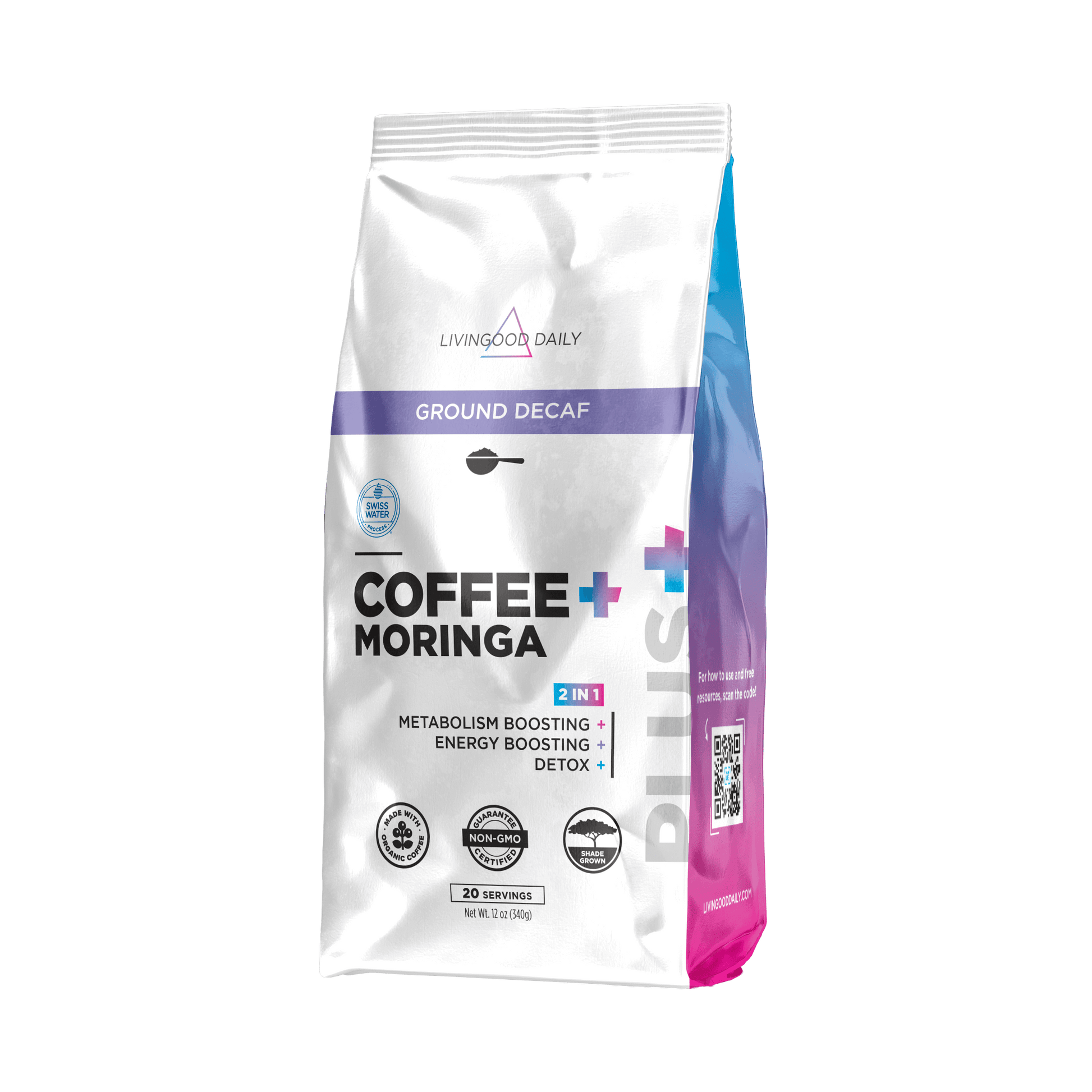 LivingGood Daily ground decaf coffee moringa bag, metabolism boosting energy detox, non-GMO, 20 servings