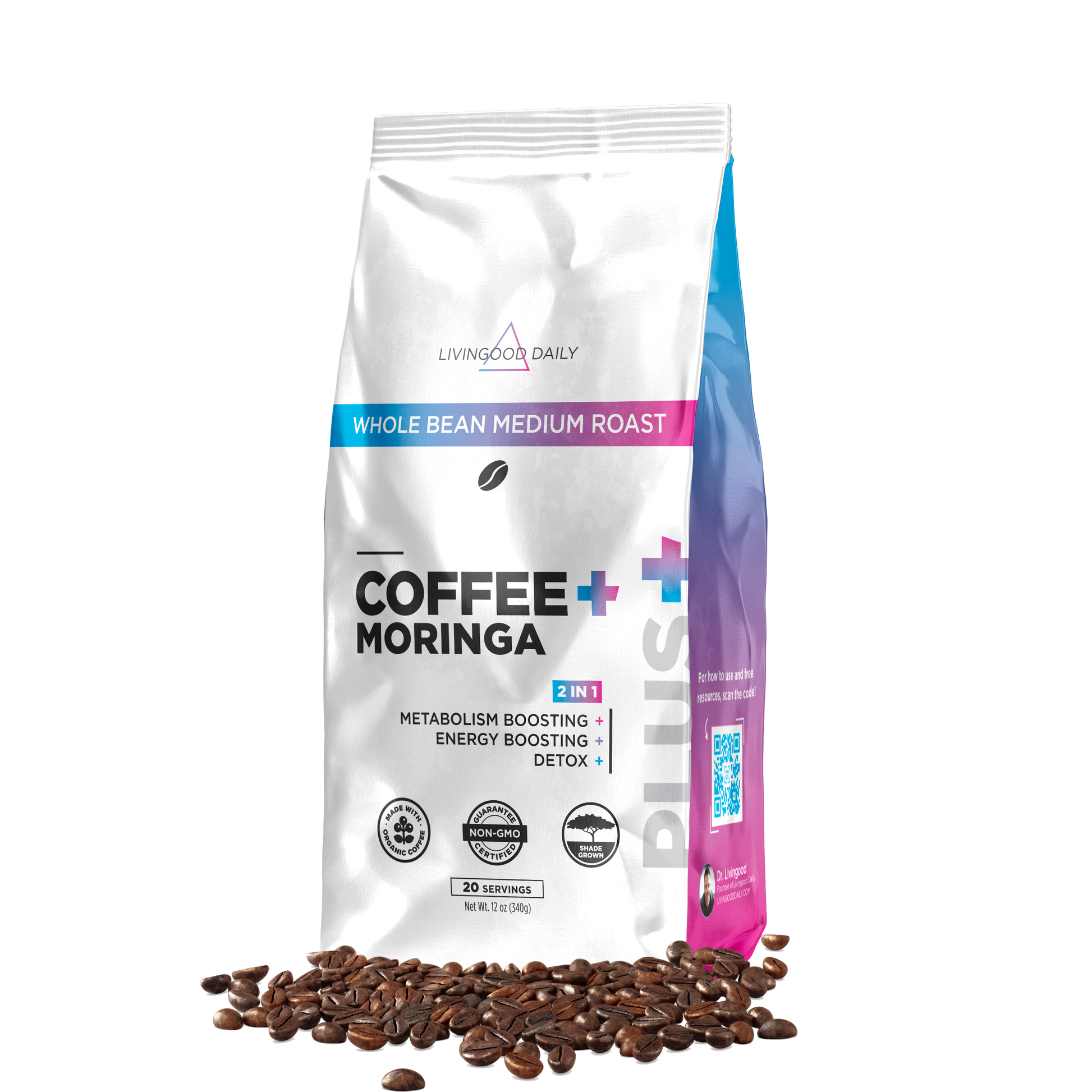 LivingGood Daily whole bean medium roast coffee moringa package with coffee beans