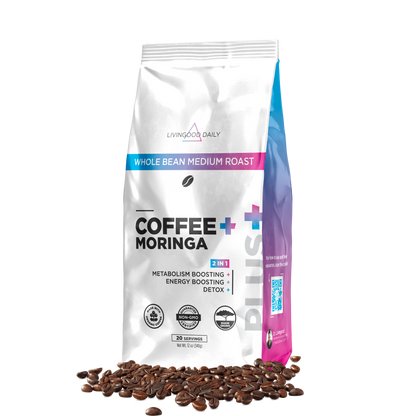 LivingGood Daily whole bean medium roast coffee moringa package with coffee beans