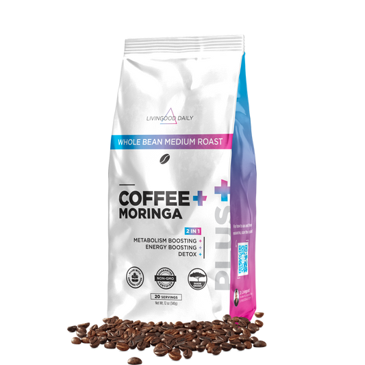 LivingGood Daily whole bean medium roast coffee moringa package with coffee beans