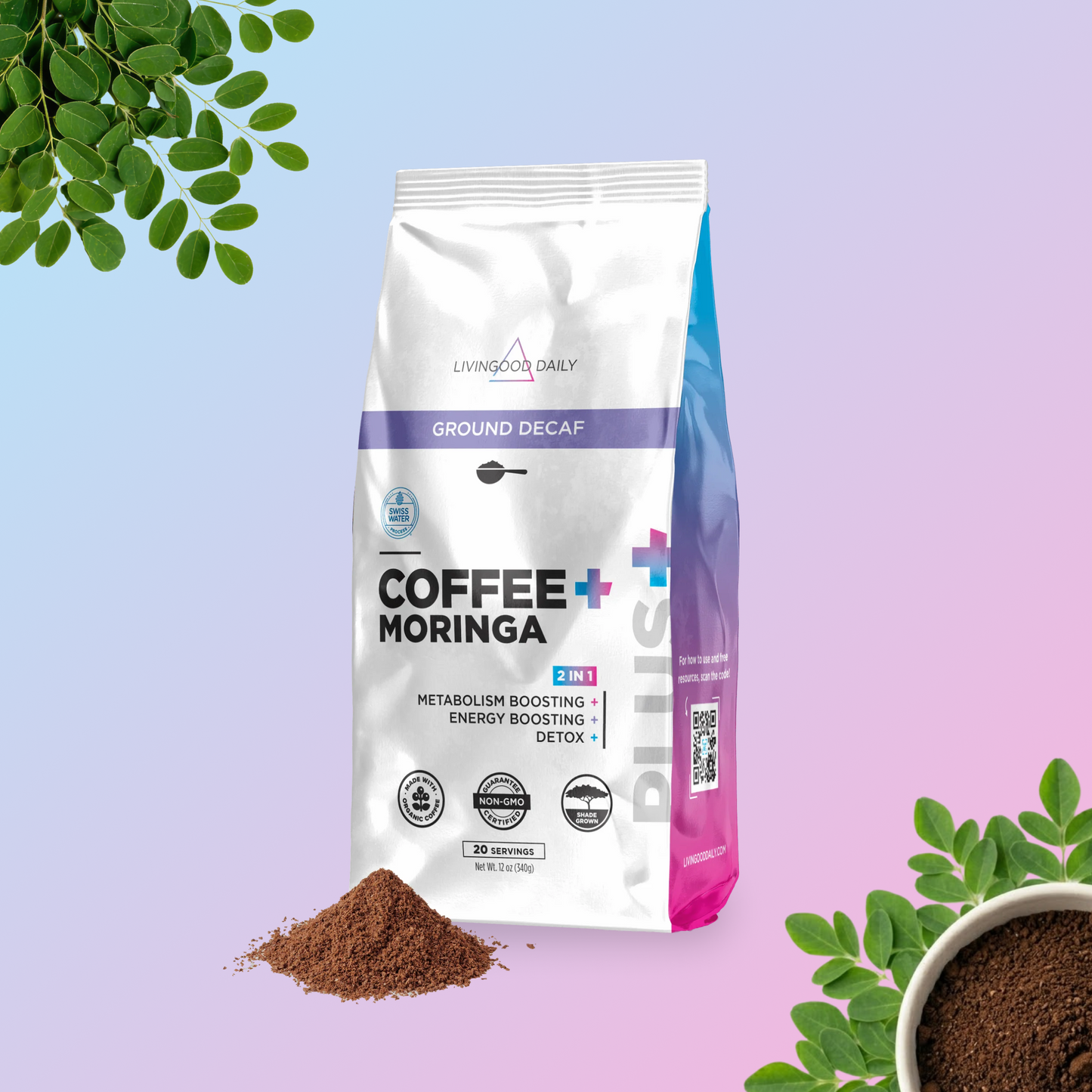 Livingood Daily Coffee + Moringa Ground Swiss Water Decaf