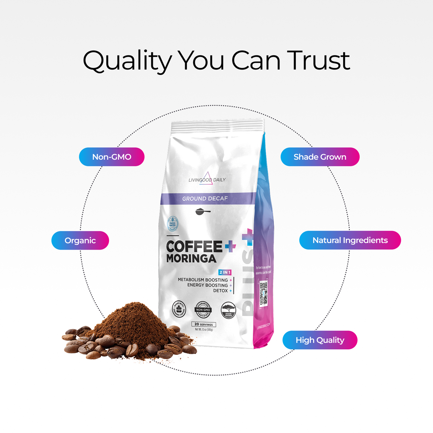 Livingood Daily Coffee + Moringa Ground Swiss Water Decaf
