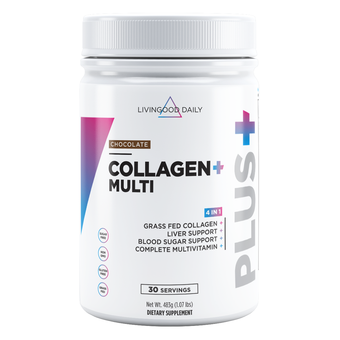 Livingood Daily Collagen Plus Multi dietary supplement chocolate flavor grass-fed gluten-free non-GMO